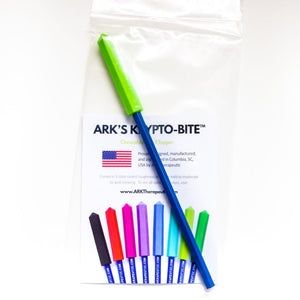 Lime green Ark's krypto bite pencil topper silicone chew for aggressive chewers autism in its original package PTGEM100XTGr
