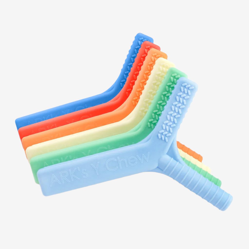 Ark&#39;s Y chew textured oral motor sensory toys available in 6 colors and 3 toughness levels for mild to moderate to aggressive chewers autism