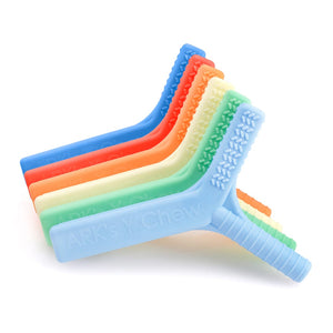 Ark's Y chew textured oral motor sensory toys available in 6 colors and 3 toughness levels for mild to moderate to aggressive chewers autism
