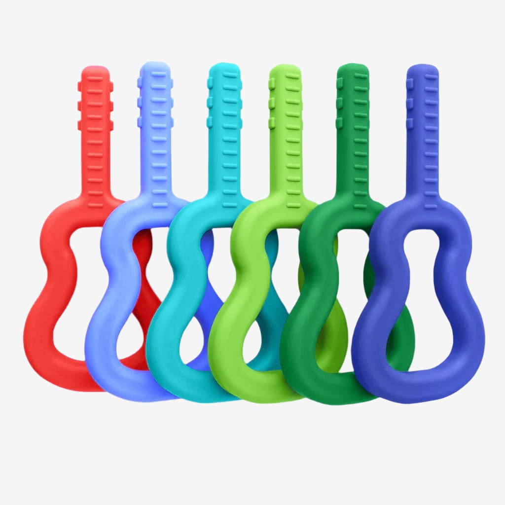 Ark's guitar shaped sensory toys in 6 colors and 3 toughness levels