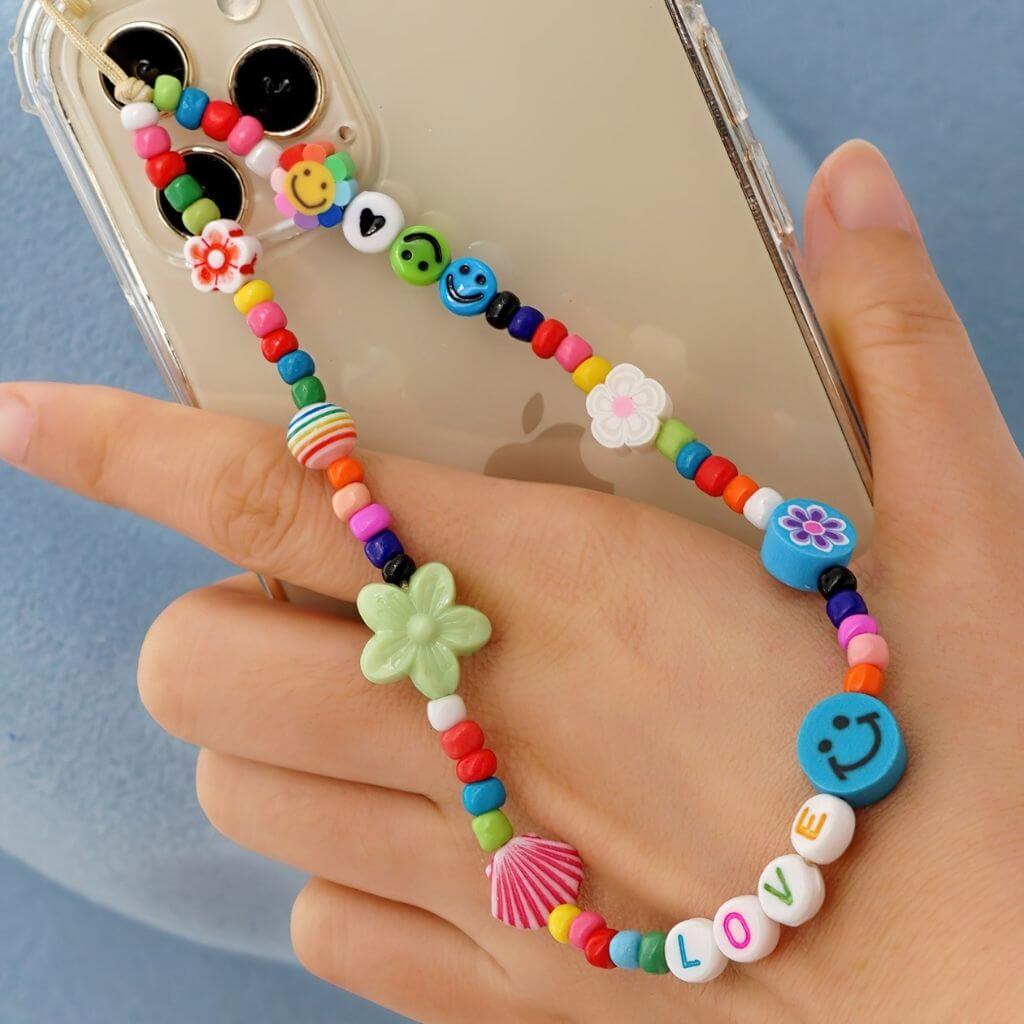 Beaded lanyard with flowers, love and smiley faces
