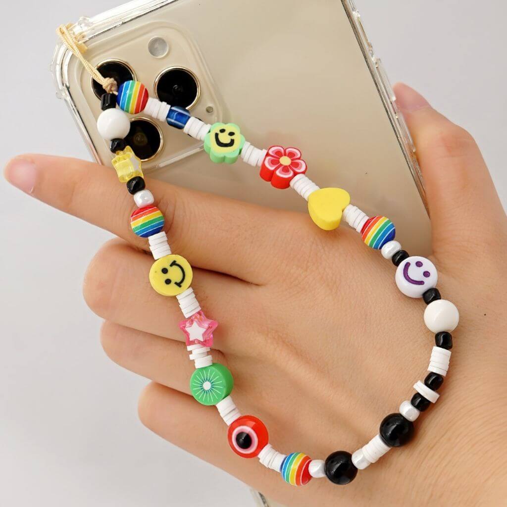Beaded phone strap-rainbow-smiley-faces