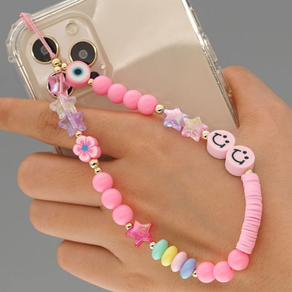 Beads lanyard pink with stars and smiley faces