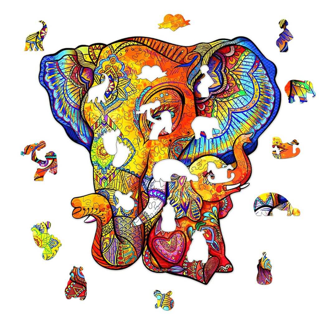 Wooden elephant puzzle white background