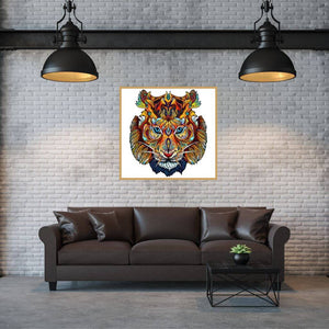 Framed tiger jigsaw puzzle on a white brick wall