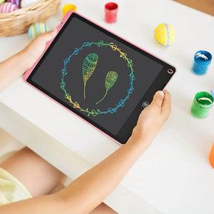 Girl holding a 12 inch kids drawing tablet multicolor drawing