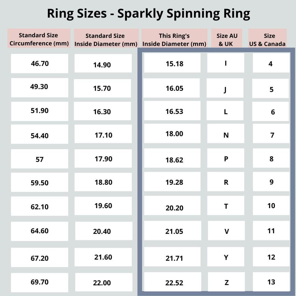 Sparkly spinning ring size chart