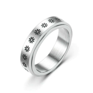 Engraved stainless steel women's flowers fidget ring