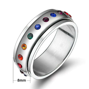 Stainless steel multi colored stones silver women anxiety ring width