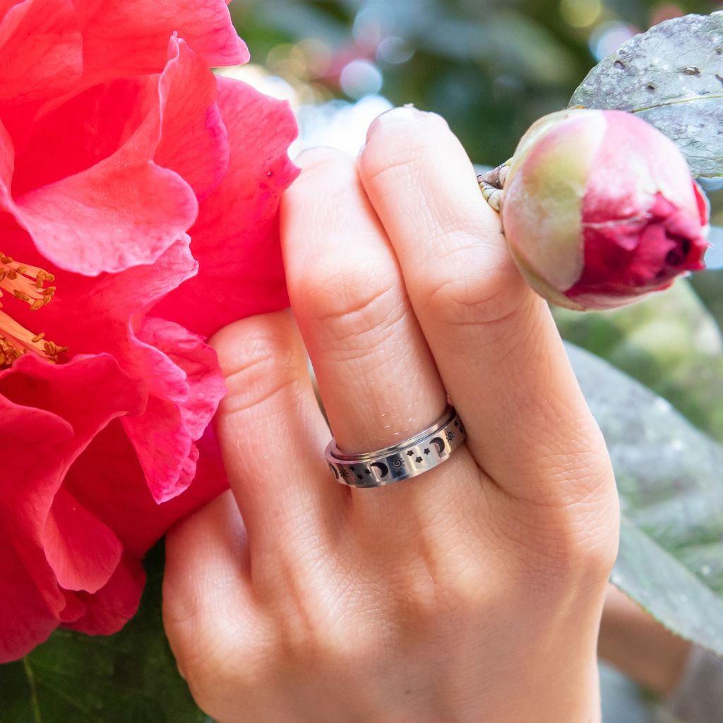 Sun, moon and stars stainless steel women's spinning ring