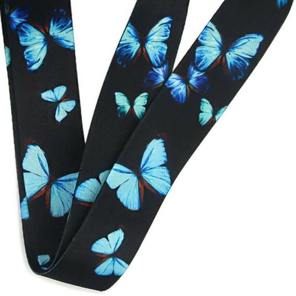 Teacher lanyard blue butterflies on black background