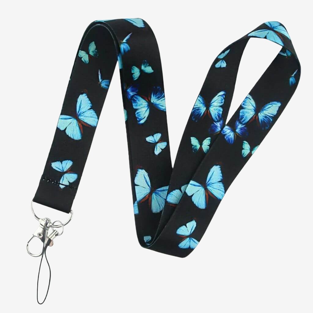 Teacher lanyard blue butterflies on black background