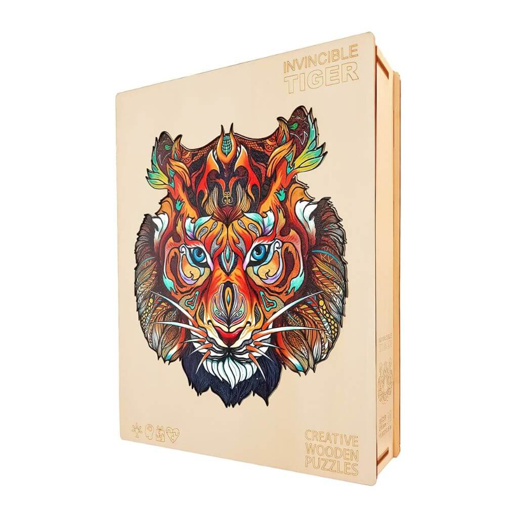 Tiger puzzle in a wooden box on white background