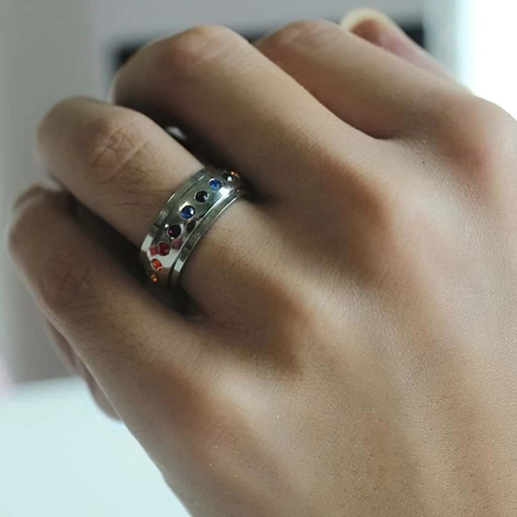 Stainless steel multi colored stones silver women fidgeting ring