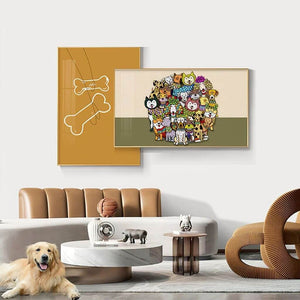Wooden jigsaw puzzle round dogs mounted on a living room wall 