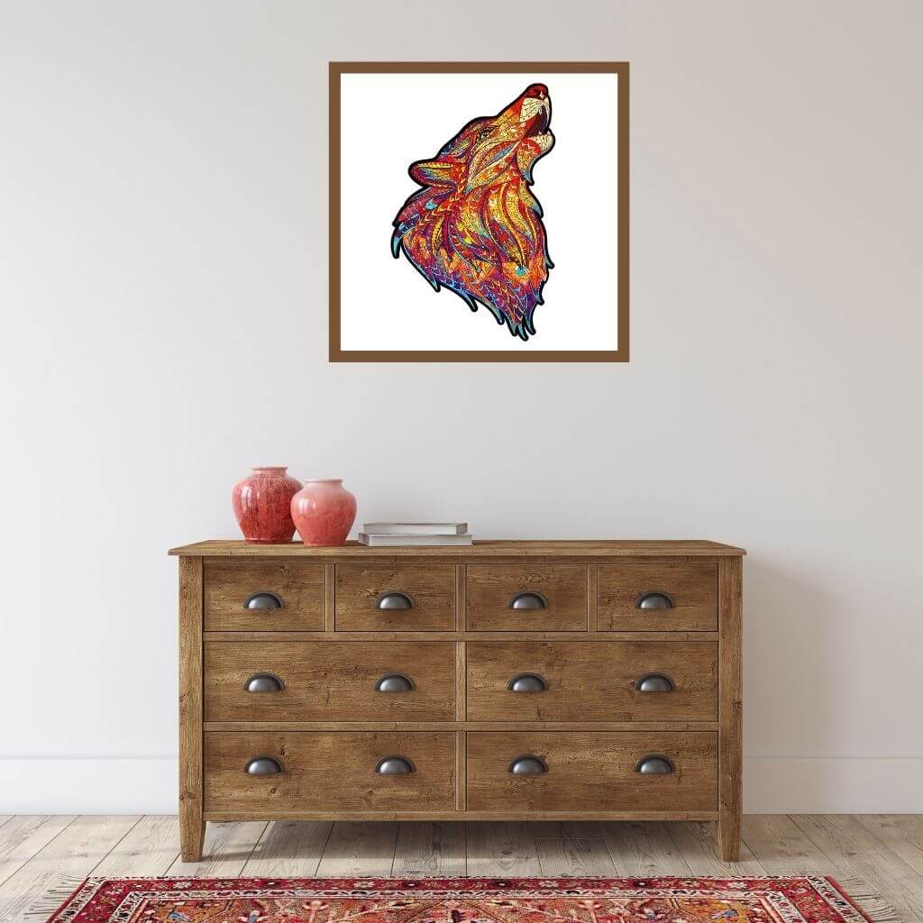 Wooden puzzle Australia wolf mounted on a hallway wall