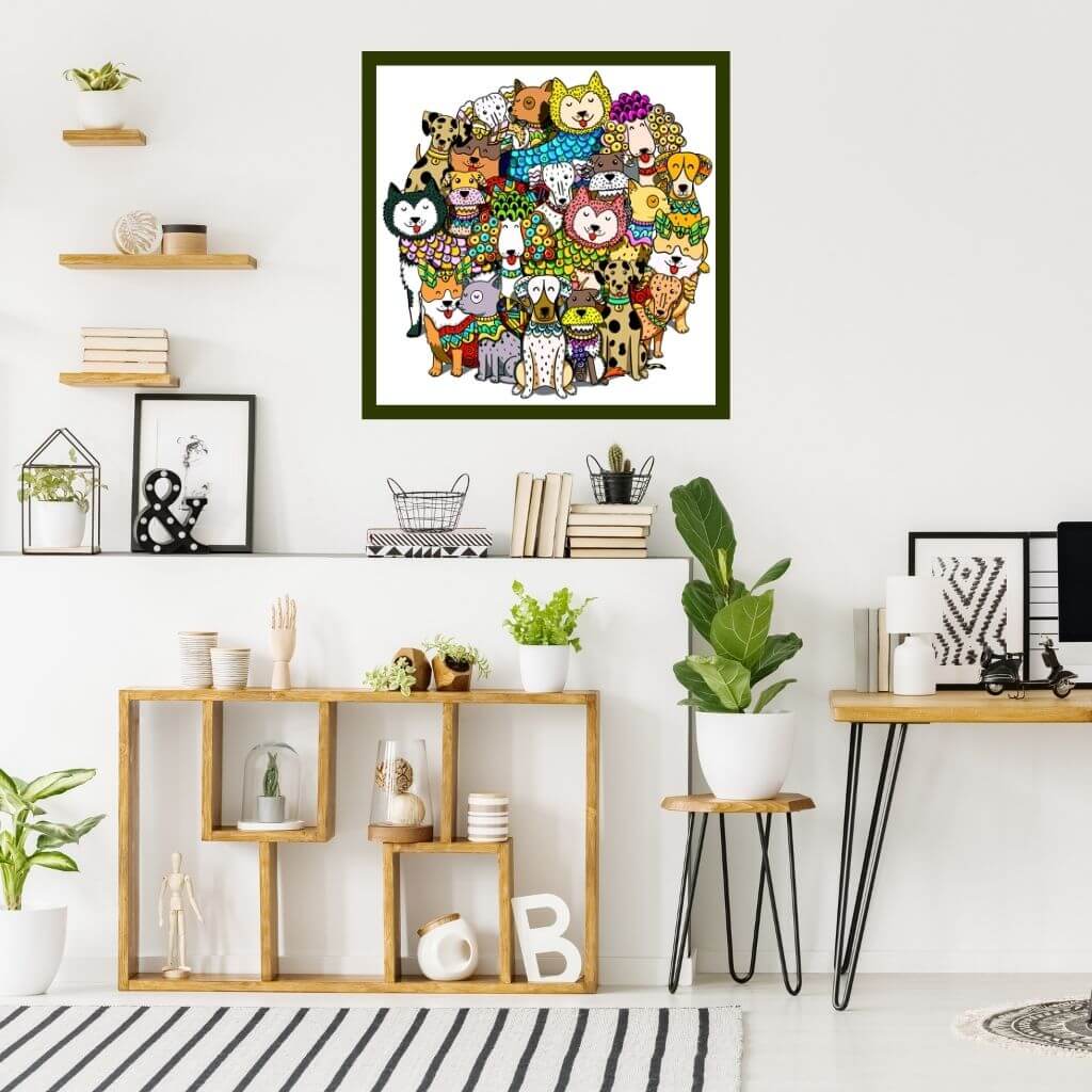 Wooden puzzle for adults round dogs mounted on a bedroom wall