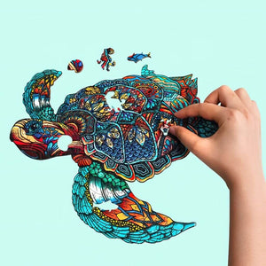 Wooden puzzle for adults turtle on a blue background