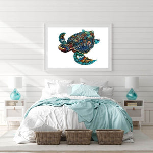 Wooden puzzle turtle mounted on a bedroom wall