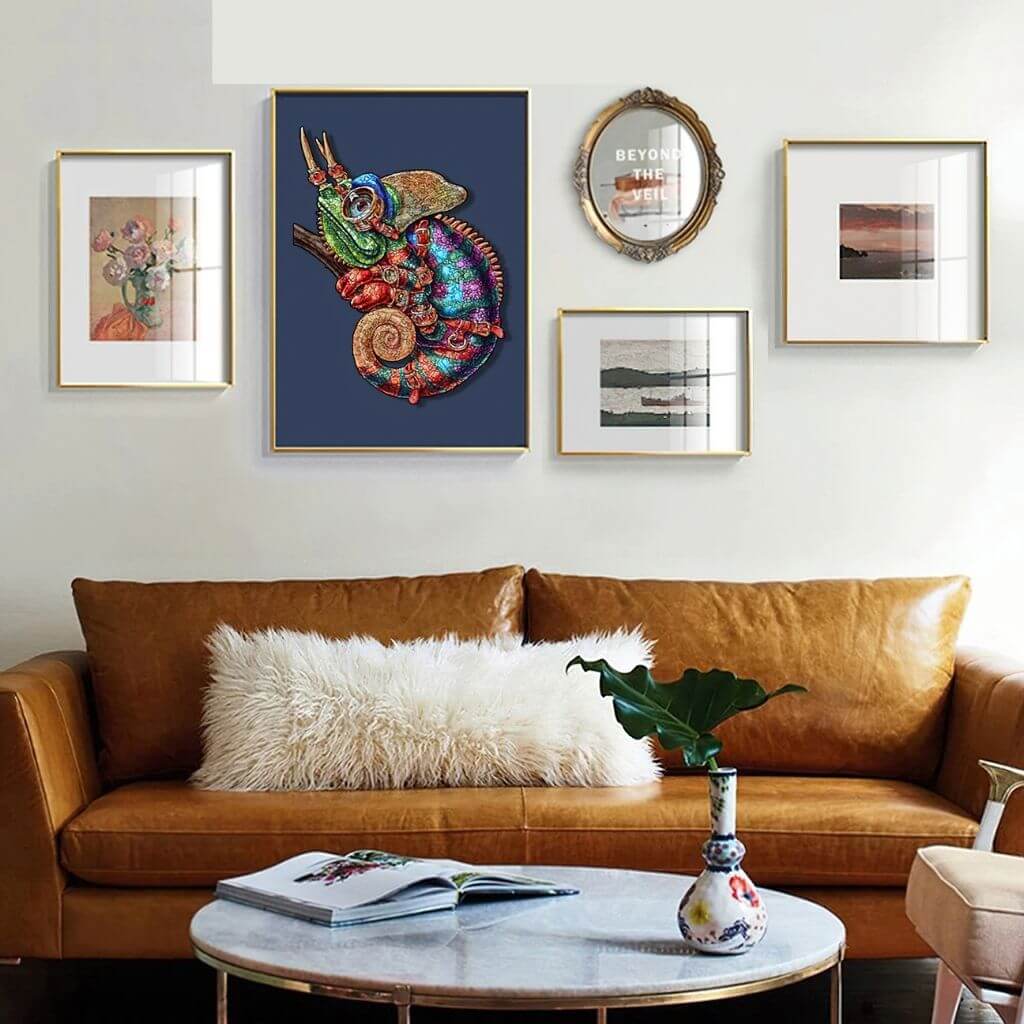 Wooden puzzles Australia chameleon and flowers mounted on a living room wall